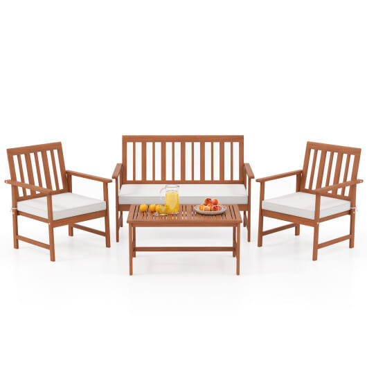 4 Pieces Acacia Wood Furniture Set with Seat Cushions and Robust Wood Frame-White - Color: White