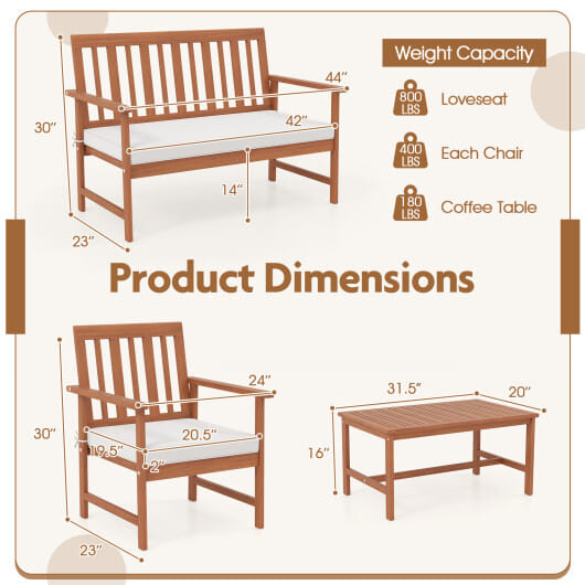 4 Pieces Acacia Wood Furniture Set with Seat Cushions and Robust Wood Frame-White - Color: White