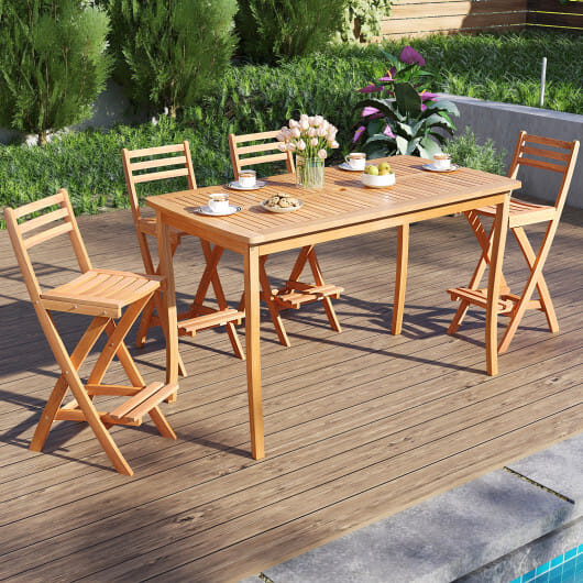 Acacia Wood Bar Height Chair with Backrest and Footrest for Backyard-Set of 4 - Size: Set of 4