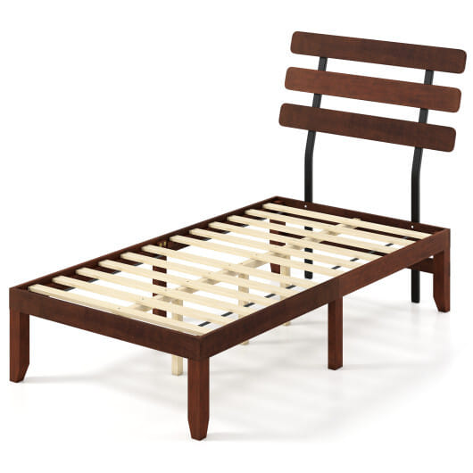 Twin Size Bed Frame 15.5 Inch Solid Wood Platform Bed with Retro Headboard - Color: Walnut - Size: Twin Size