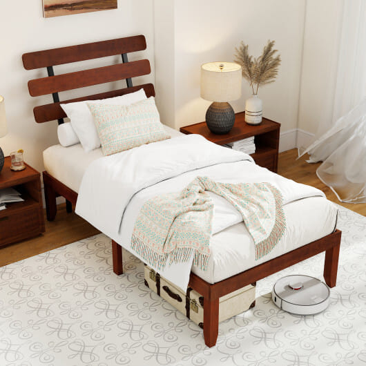 Twin Size Bed Frame 15.5 Inch Solid Wood Platform Bed with Retro Headboard - Color: Walnut - Size: Twin Size