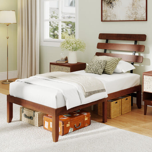 Twin Size Bed Frame 15.5 Inch Solid Wood Platform Bed with Retro Headboard - Color: Walnut - Size: Twin Size