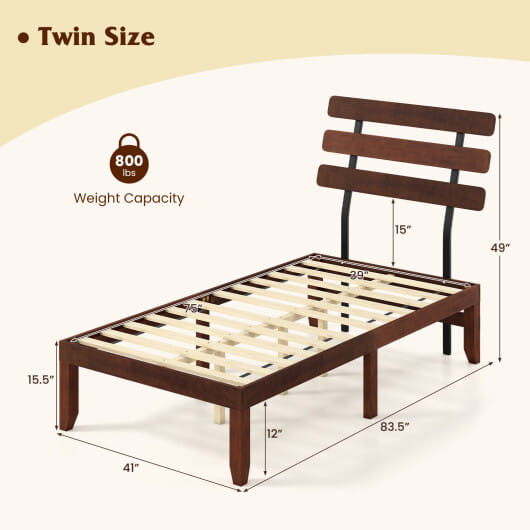 Twin Size Bed Frame 15.5 Inch Solid Wood Platform Bed with Retro Headboard - Color: Walnut - Size: Twin Size