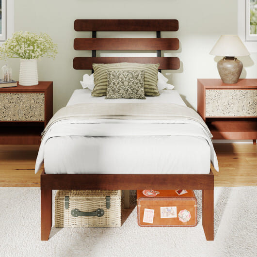 Twin Size Bed Frame 15.5 Inch Solid Wood Platform Bed with Retro Headboard - Color: Walnut - Size: Twin Size