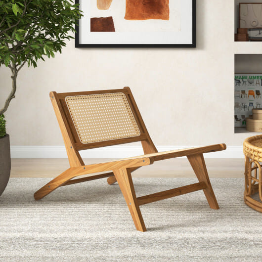 Teak Wooden Chair with Handwoven Rattan Seat and Backrest - Color: Natural