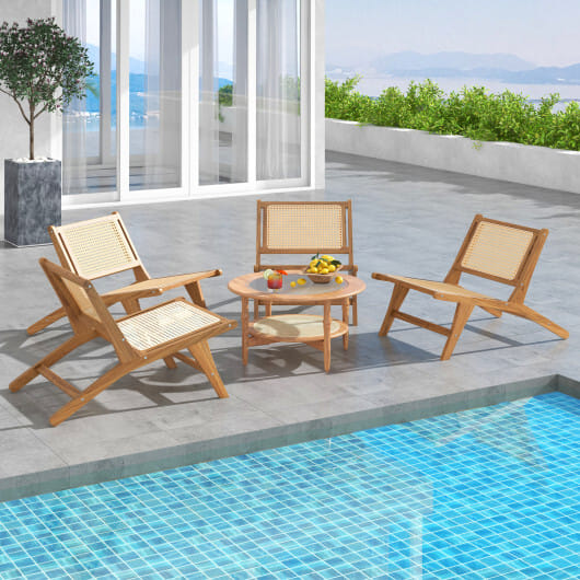 Teak Wooden Chair with Handwoven Rattan Seat and Backrest - Color: Natural