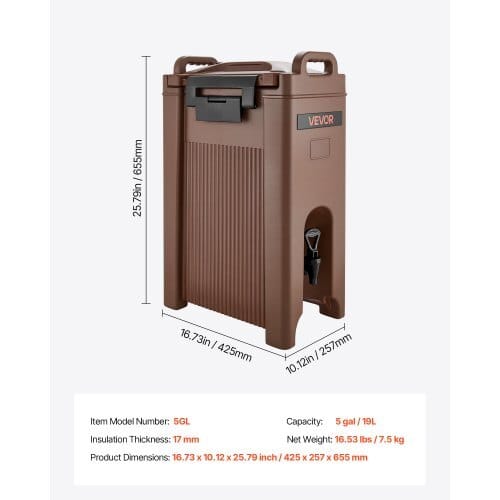 Insulated Beverage Dispenser, 5 Gal/19L Hot and Cold Beverage Server with Spigot & Handle, Food-Grade Thermal Drink Dispenser Cooler for Tea Coffee Water in Cafes & Restaurants, Brown