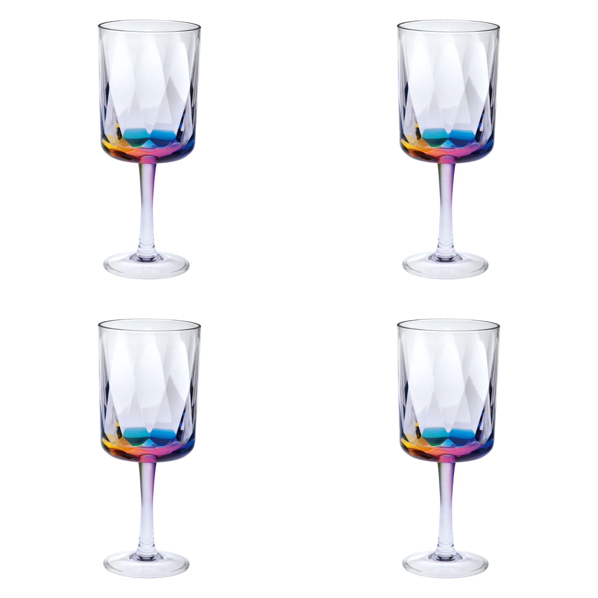 Set of Four Clear and Rainbow Geometric Acrylic Stemmed All Purpose Wine Glasses