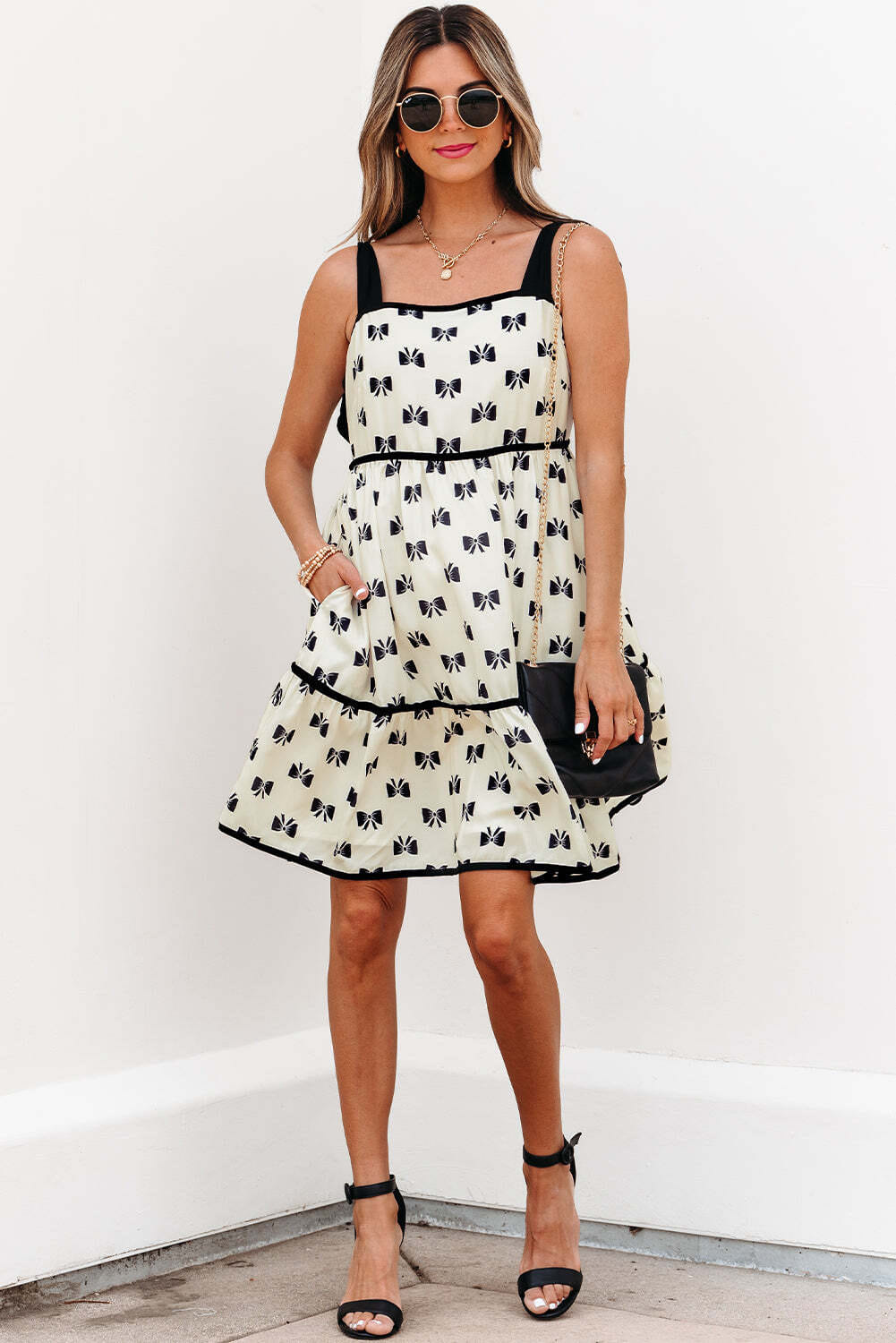 White Bow Knot Color Contrast Trim Knotted Shoulder Mini Dress