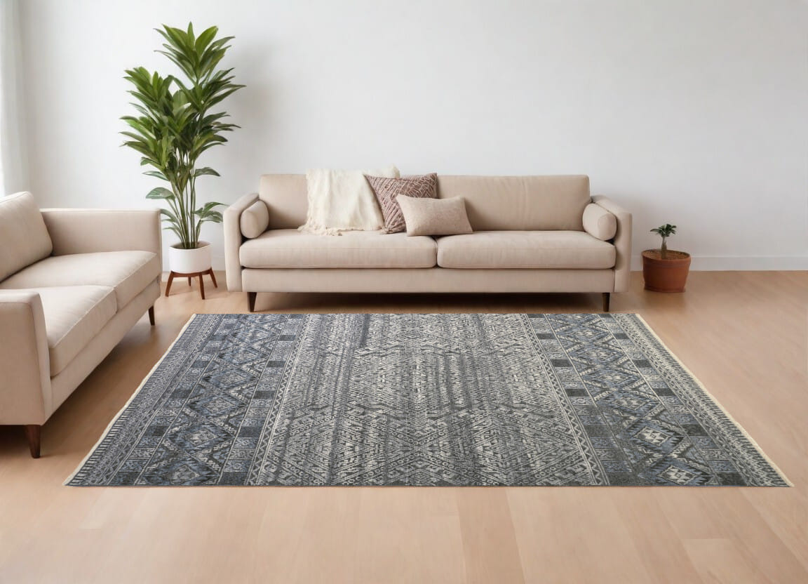 6' X 9' Gray Ivory and Blue Geometric Hand Knotted Area Rug