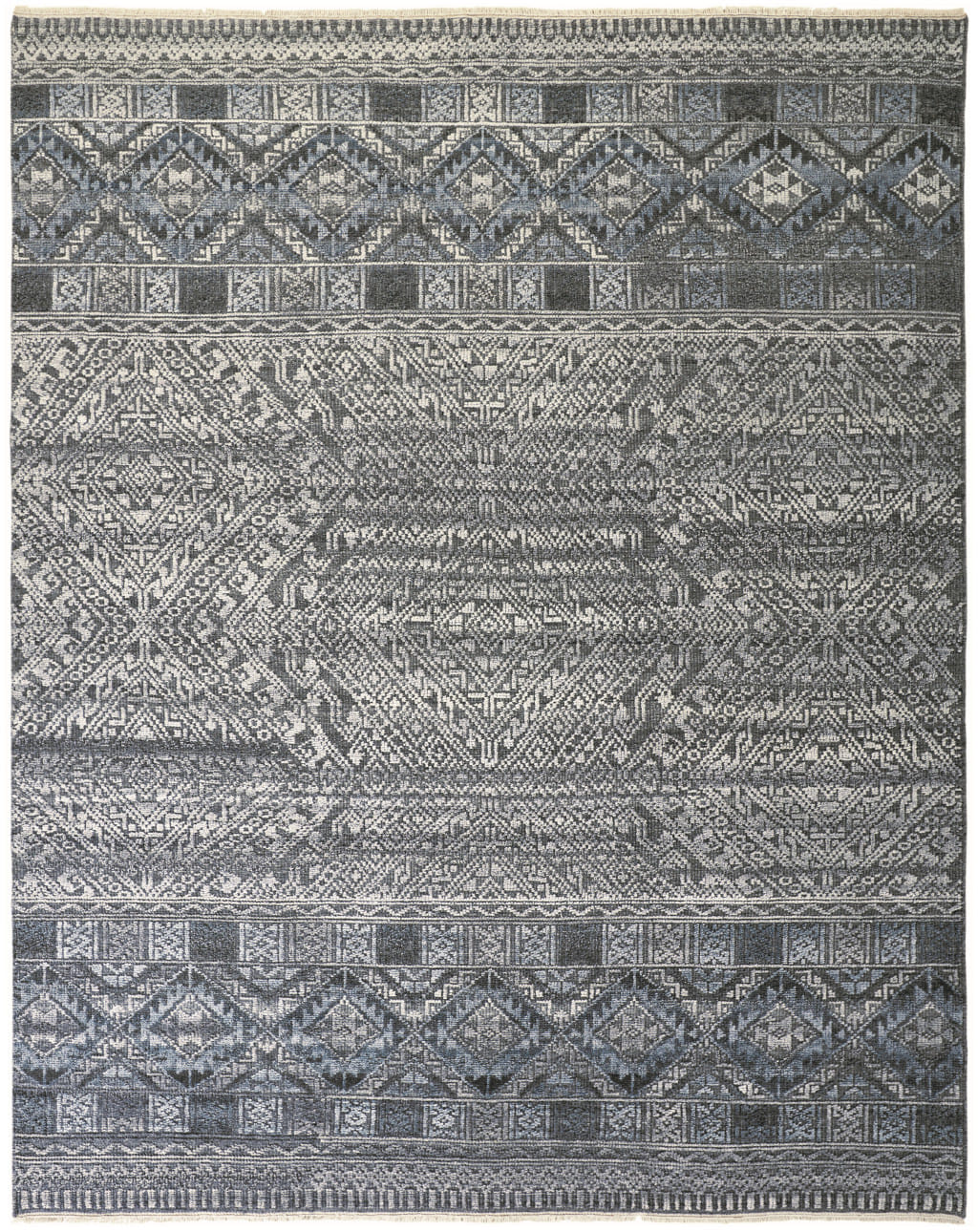 6' X 9' Gray Ivory and Blue Geometric Hand Knotted Area Rug