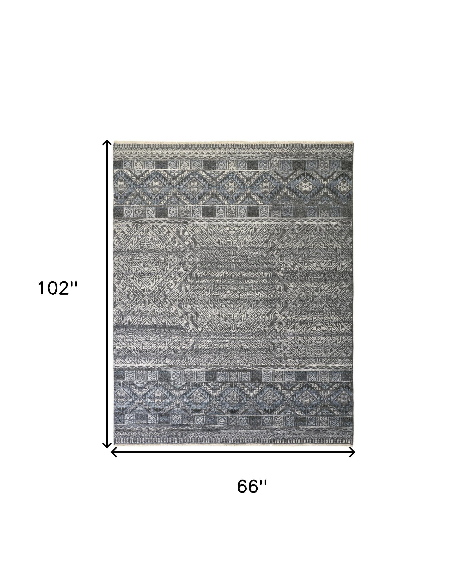 6' X 9' Gray Ivory and Blue Geometric Hand Knotted Area Rug