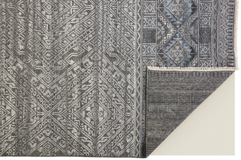 6' X 9' Gray Ivory and Blue Geometric Hand Knotted Area Rug