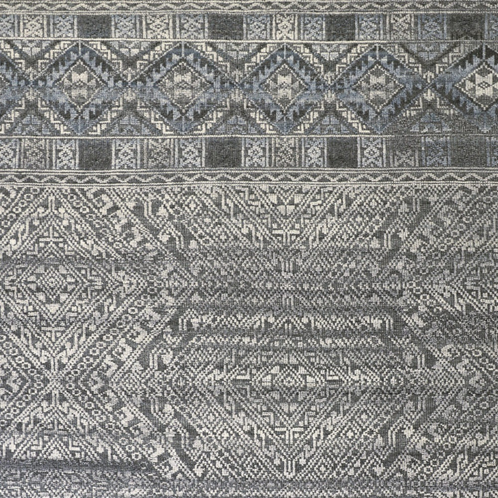 6' X 9' Gray Ivory and Blue Geometric Hand Knotted Area Rug