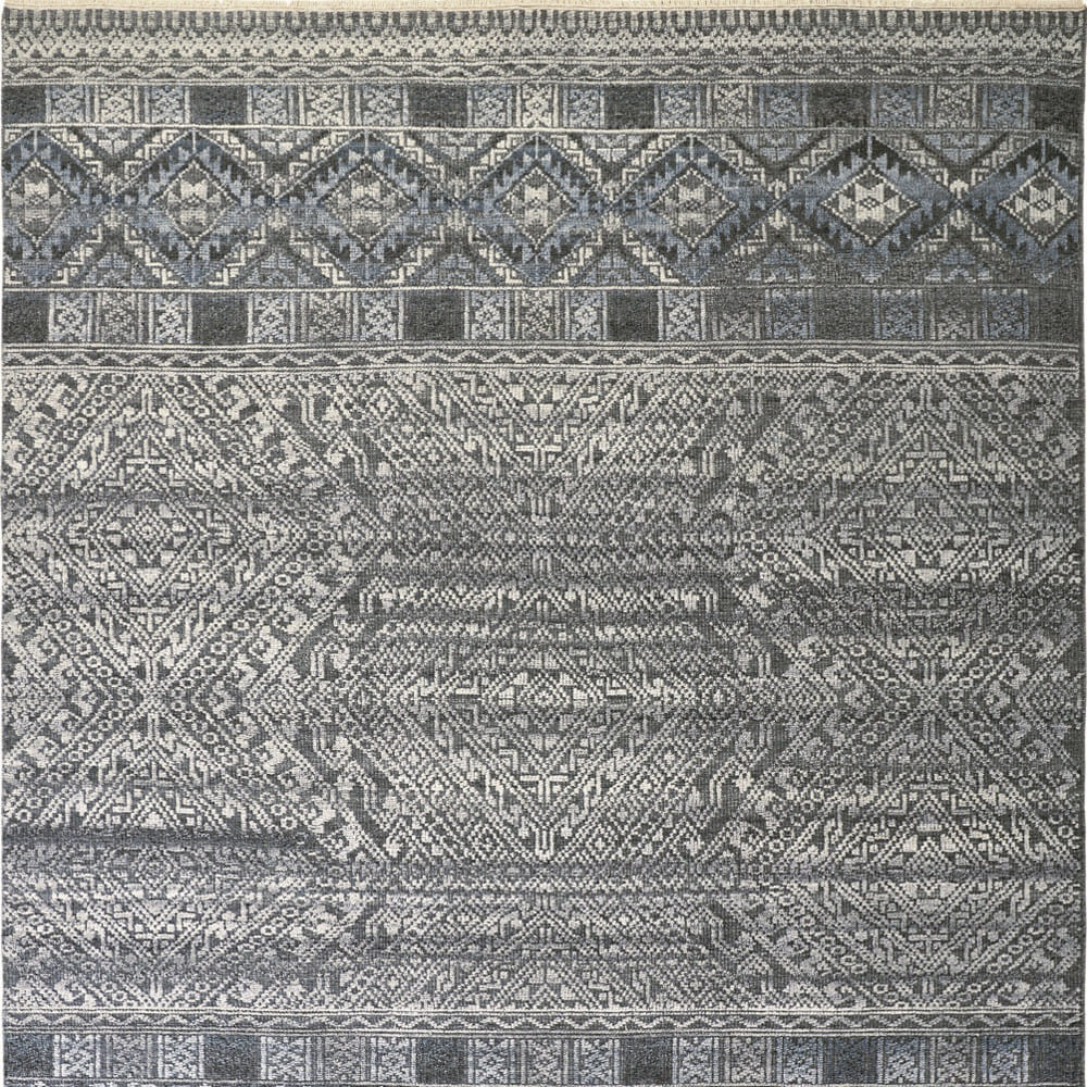 6' X 9' Gray Ivory and Blue Geometric Hand Knotted Area Rug
