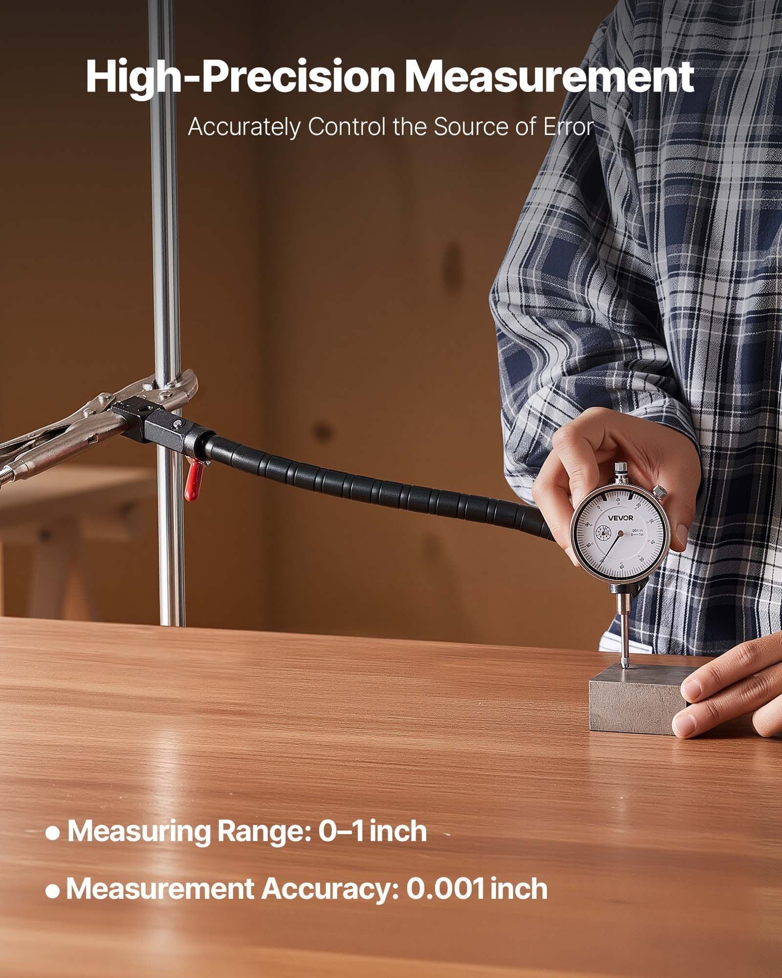 Dial Test Indicator with 360-Degree Flexible Arm and 360-Degree Locking Pliers, 0.001 inch Accuracy, 0-1 inch Range, Professional for Machine Set-Up, Narrow Area Measurement, Storage Case