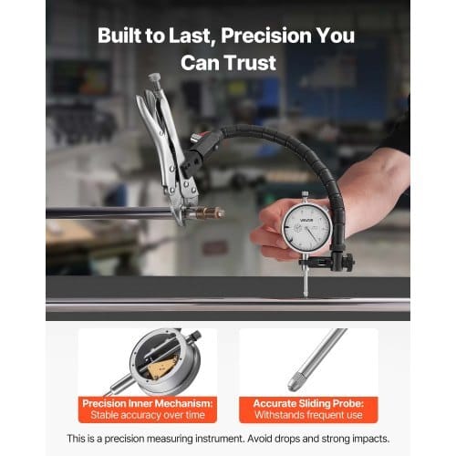 Dial Test Indicator with 360-Degree Flexible Arm and 360-Degree Locking Pliers, 0.001 inch Accuracy, 0-1 inch Range, Professional for Machine Set-Up, Narrow Area Measurement, Storage Case