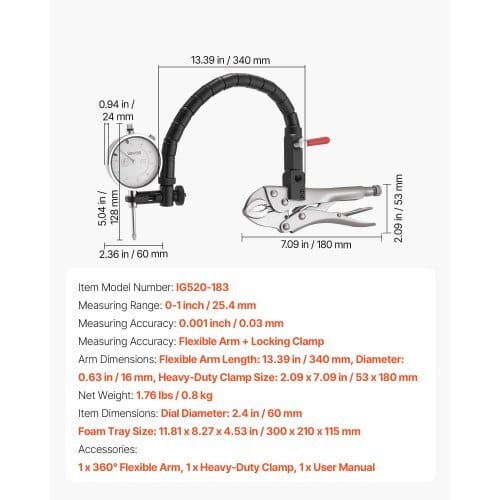 Dial Test Indicator with 360-Degree Flexible Arm and 360-Degree Locking Pliers, 0.001 inch Accuracy, 0-1 inch Range, Professional for Machine Set-Up, Narrow Area Measurement, Storage Case