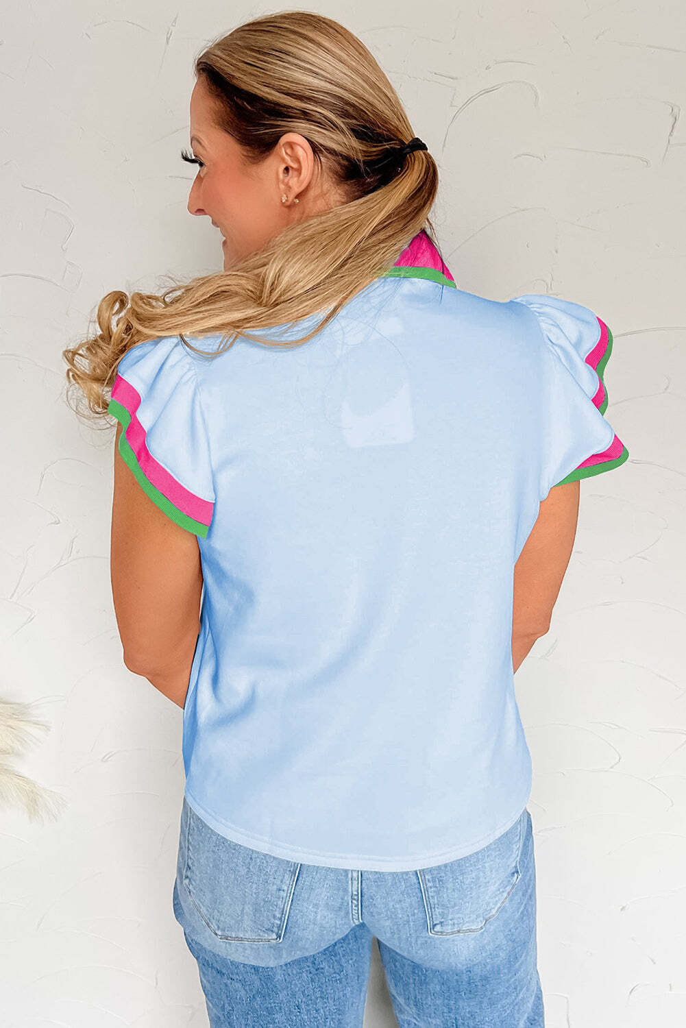 Beau Blue Color Contrast Ruffled Sleeve Collared V Neck Blouse