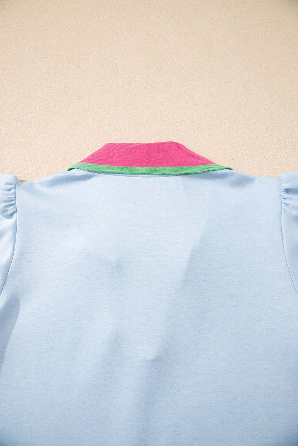 Beau Blue Color Contrast Ruffled Sleeve Collared V Neck Blouse