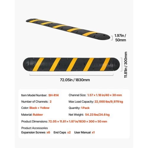 6FT Rubber Speed Bump, 2 Channel, Heavy Duty Traffic Speed Hump, 22000 lbs/axle Load Capacity, 72 in Cable Protector Ramp with Expansion Screws, for Asphalt Concrete Gravel Driveway Road, 1 Pack