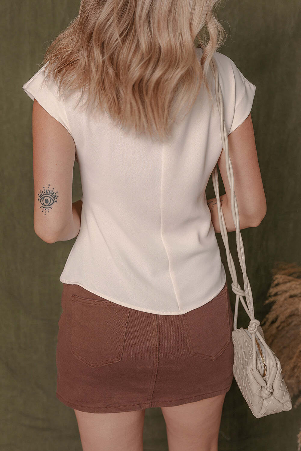 White Surplice V Neck Knotted Ruched Short Sleeve Peplum Blouse