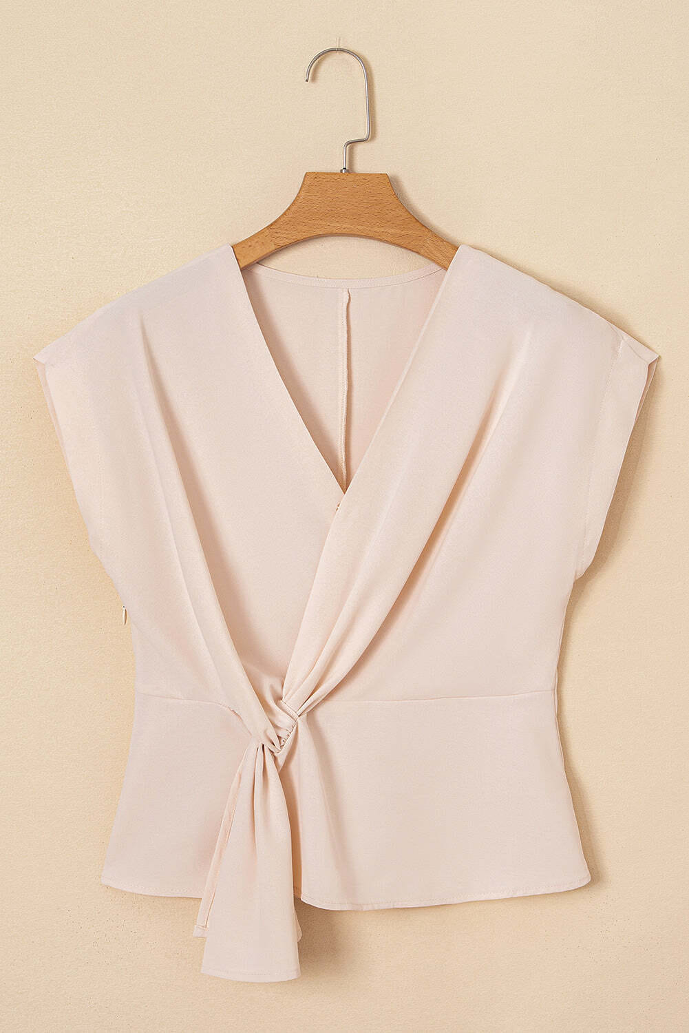 White Surplice V Neck Knotted Ruched Short Sleeve Peplum Blouse