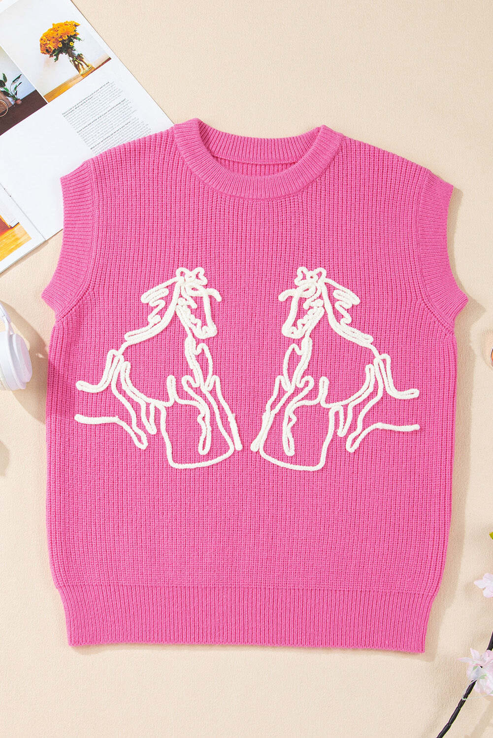 Bright Pink Western Horse Embroidered Round Neck Sweater Tee