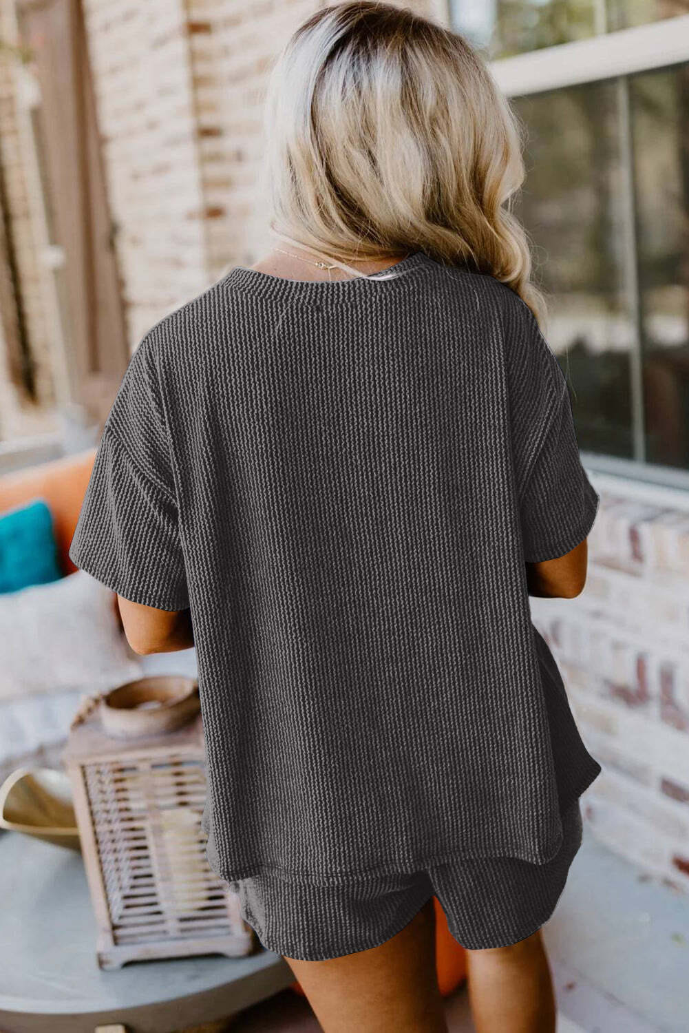 Carbon Grey Sequin Crawfish Food Print Textured Tee and Short Set