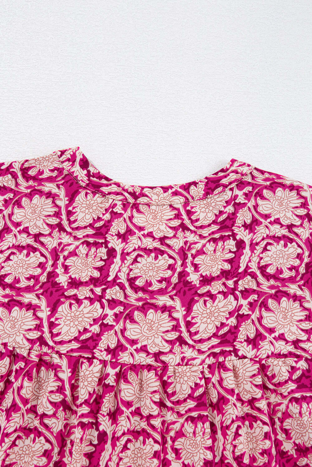 Pink Floral Print Split Neck Pleated Puff Sleeve Blouse