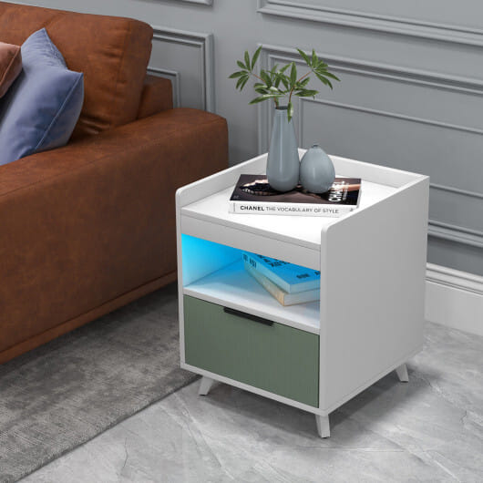 Modern Nightstand with LED Lights Sliding Drawer and Open Compartment-White