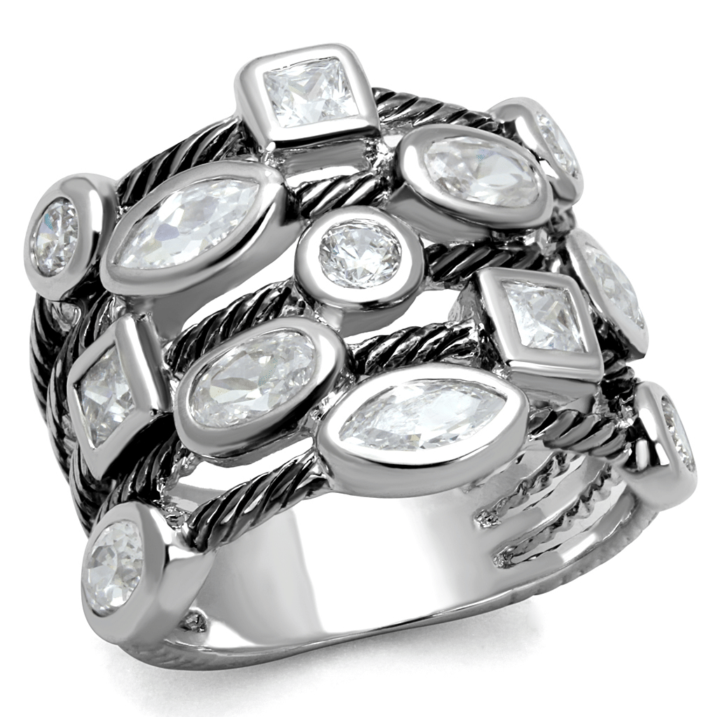 LO4083 - Rhodium Brass Ring with AAA Grade CZ in Clear