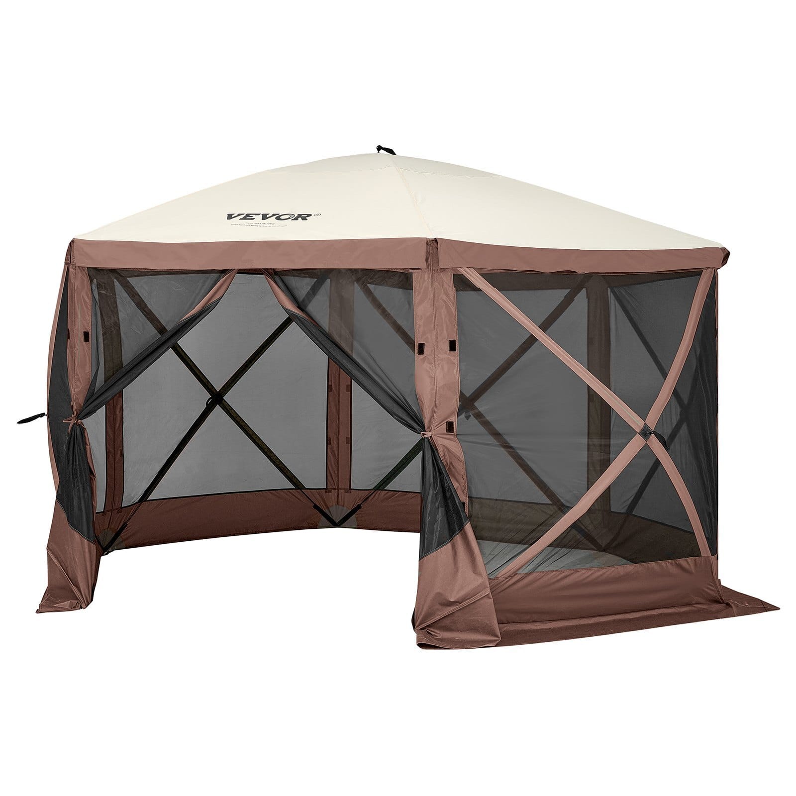 Pop Up Gazebo Tent, Pop-Up Screen Tent 6 Sided Canopy Sun Shelter with 6 Removable Privacy Wind Cloths & Mesh Windows, 11.5x11.5FT Quick Set Screen Tent with Mosquito Netting, Brown