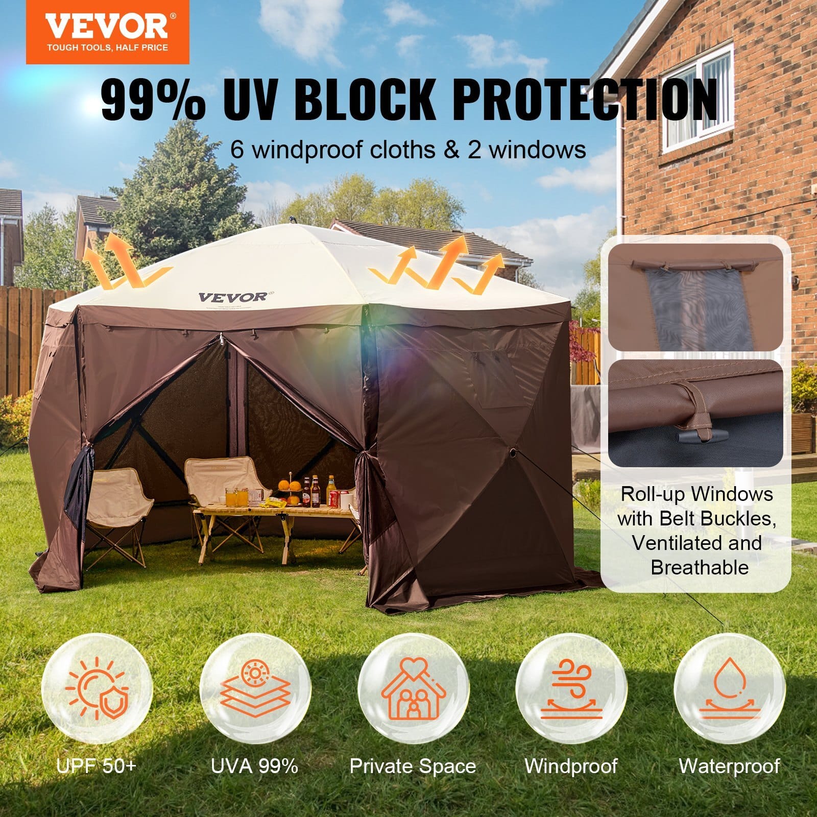 Pop Up Gazebo Tent, Pop-Up Screen Tent 6 Sided Canopy Sun Shelter with 6 Removable Privacy Wind Cloths & Mesh Windows, 11.5x11.5FT Quick Set Screen Tent with Mosquito Netting, Brown