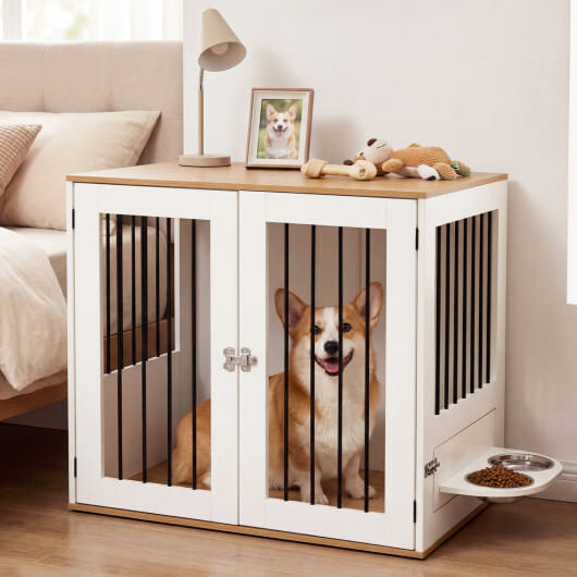 31.5" Dog Crate Furniture Wooden Dog Kennel with Double Lock Doors-White - Color: White