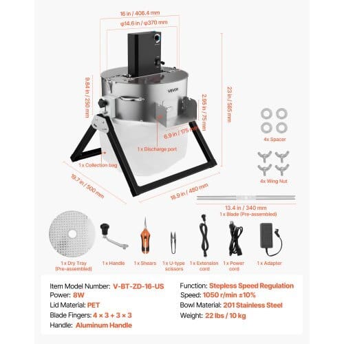 Electric Bud Leaf Trimmer, 2-in-1 Manual & Electric, 16 in Bud Trimmer with Sharp Stainless Steel Blades, Bracket Type Wet Dry Hydroponic Cutting Machine with Dry Grate, for Plant Buds Flowers