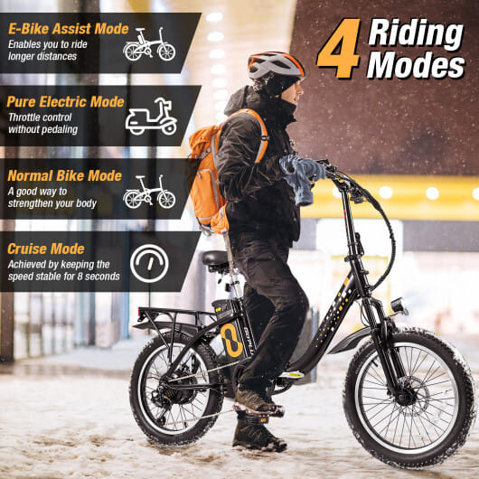 Costway Folding Electric Bicycle for Adults with 20-Inch Fat Tires Snow E-Bike - Color: Black - Size: 20 inches