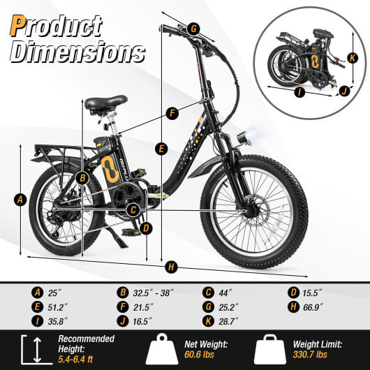 Costway Folding Electric Bicycle for Adults with 20-Inch Fat Tires Snow E-Bike - Color: Black - Size: 20 inches