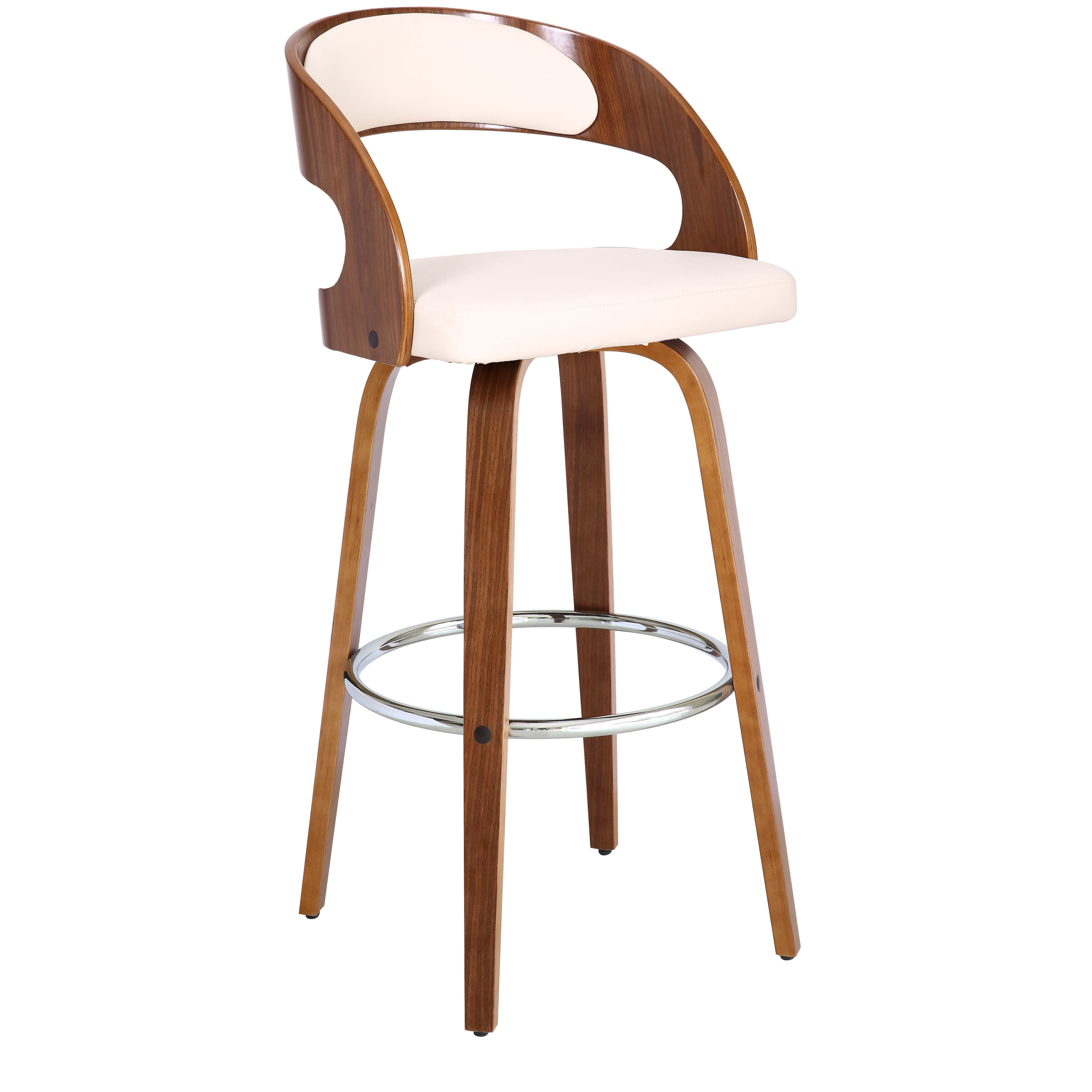 30" Cream and Brown Fabric and Iron Low Back Bar Height Swivel Bar Chair