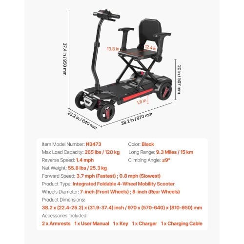 4-Wheel Electric Mobility Scooter for Adults & Seniors, Integrated Foldable Mobility Scooter with 9.3 Miles Long Range, All Terrain Travel Wheelchair with 9?° Climbing Capacity & 265LBS Loading