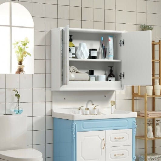 2-Door Wall-Mounted Bathroom Mirrored Medicine Cabinet - Color: White