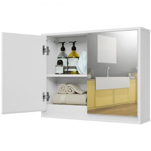 2-Door Wall-Mounted Bathroom Mirrored Medicine Cabinet - Color: White