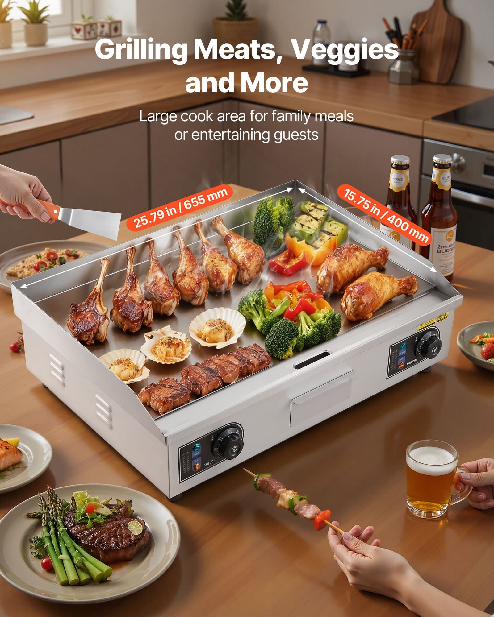Commercial Electric Griddle, 25.79 x 15.75 inch, 2800W, 122-570?°F Adjustable Temp Control, Stainless Steel Body, Full Flat, with 2 Spatulas, 2 Brushes, and 4 Foot Pads, for Steak, Pancake