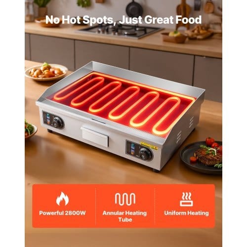 Commercial Electric Griddle, 25.79 x 15.75 inch, 2800W, 122-570?°F Adjustable Temp Control, Stainless Steel Body, Full Flat, with 2 Spatulas, 2 Brushes, and 4 Foot Pads, for Steak, Pancake