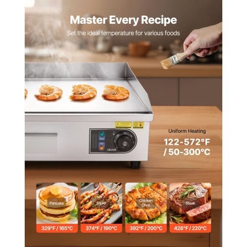 Commercial Electric Griddle, 25.79 x 15.75 inch, 2800W, 122-570?°F Adjustable Temp Control, Stainless Steel Body, Full Flat, with 2 Spatulas, 2 Brushes, and 4 Foot Pads, for Steak, Pancake