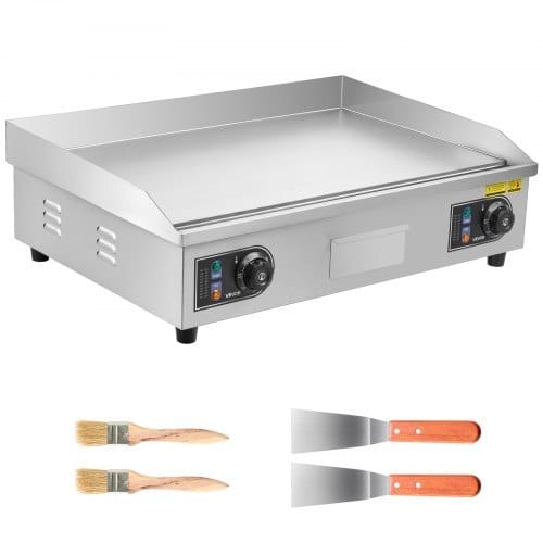 Commercial Electric Griddle, 25.79 x 15.75 inch, 2800W, 122-570?°F Adjustable Temp Control, Stainless Steel Body, Full Flat, with 2 Spatulas, 2 Brushes, and 4 Foot Pads, for Steak, Pancake