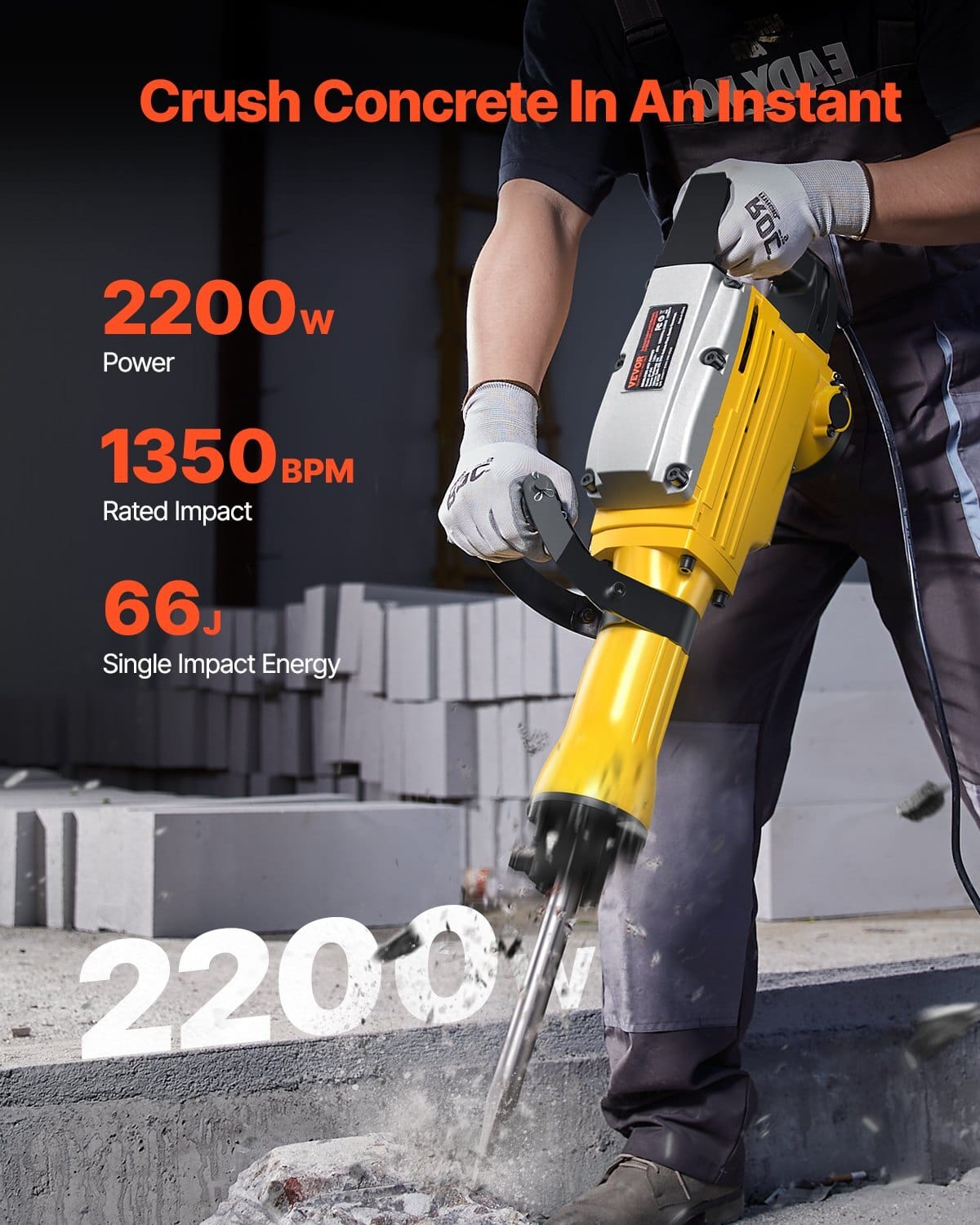 Demolition Jack Hammer, 2200W 1350 BPM Jack Hammer Concrete Breaker, Heavy Duty Electric Jack Hammer 4pcs Chisels Bit with Gloves, 360?° Swiveling Front Handle for Trenching and Breaking Holes