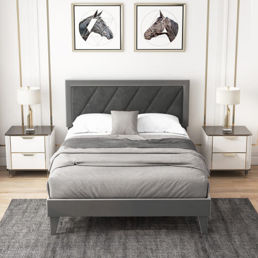 Twin/Full/Queen Platform Bed with High Headboard and Wooden Slats-Full Size - Color: Black & Gray - Size: Full Size