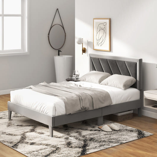 Twin/Full/Queen Platform Bed with High Headboard and Wooden Slats-Full Size - Color: Black & Gray - Size: Full Size