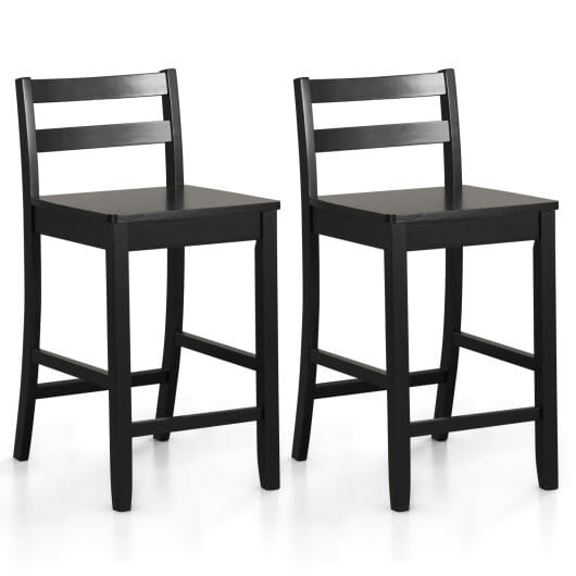 Wooden Bar Stools Set of 2 with Ergonomic Backrest and Footrest-Black - Color: Black